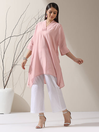 Dhiyona ST 2-Piece Pink AirSkin Kurta Set for Women – Japanese-Inspired Hand Embroidered Top with Matching Pants | Lightweight Ethnic Co-ord