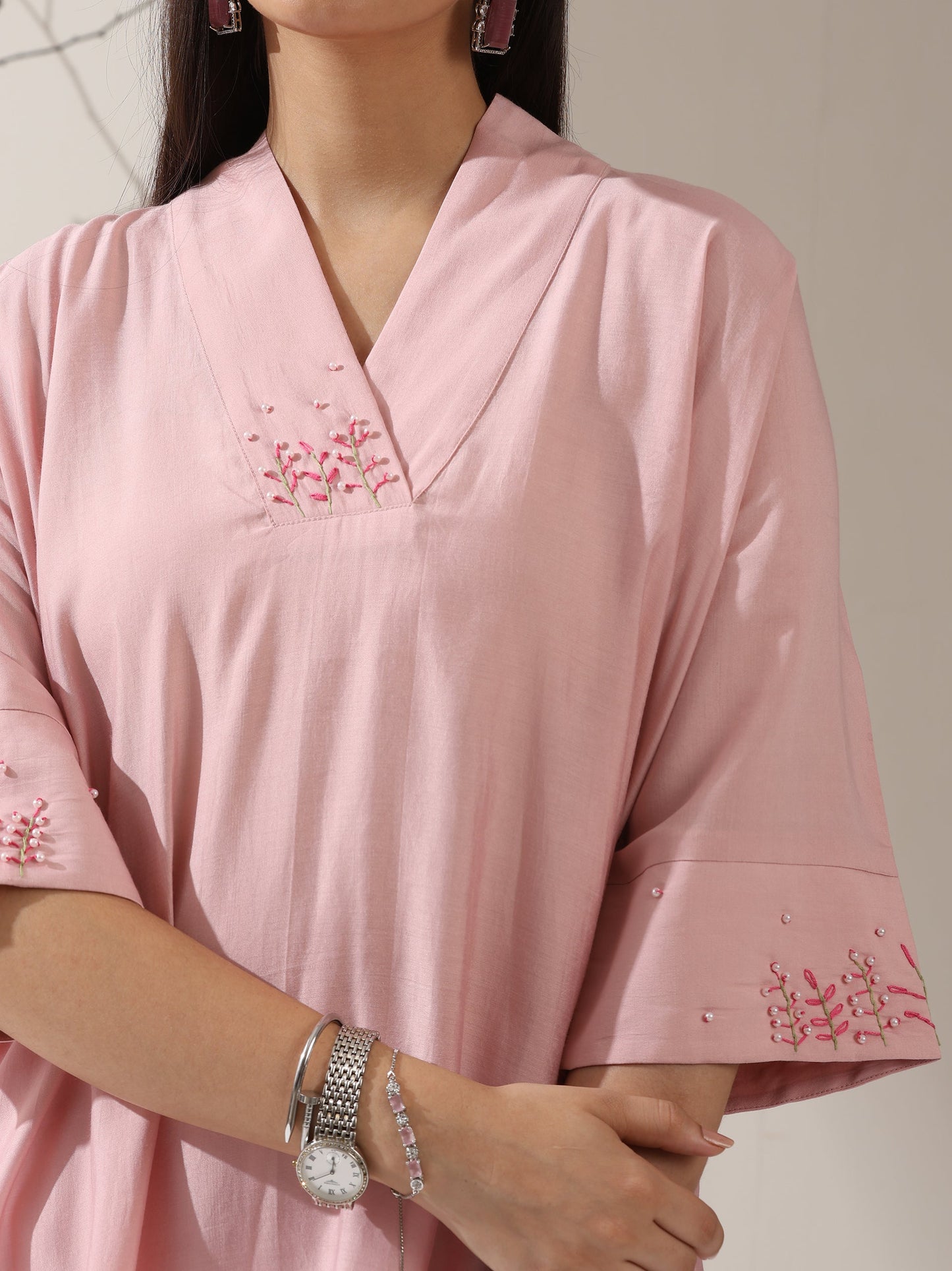 Dhiyona ST 2-Piece Pink AirSkin Kurta Set for Women – Japanese-Inspired Hand Embroidered Top with Matching Pants | Lightweight Ethnic Co-ord