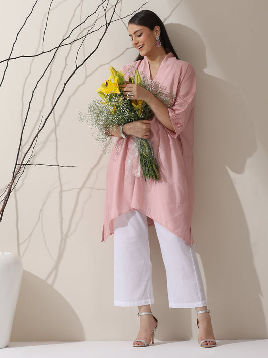 Dhiyona ST 2-Piece Pink AirSkin Kurta Set for Women – Japanese-Inspired Hand Embroidered Top with Matching Pants | Lightweight Ethnic Co-ord