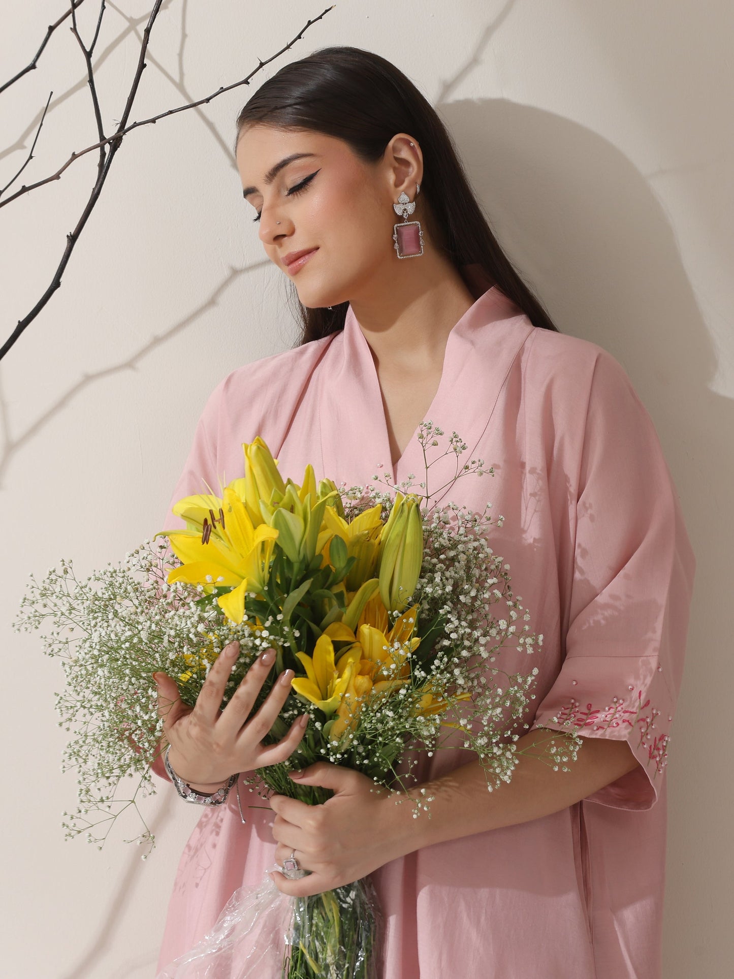 Dhiyona ST 2-Piece Pink AirSkin Kurta Set for Women – Japanese-Inspired Hand Embroidered Top with Matching Pants | Lightweight Ethnic Co-ord