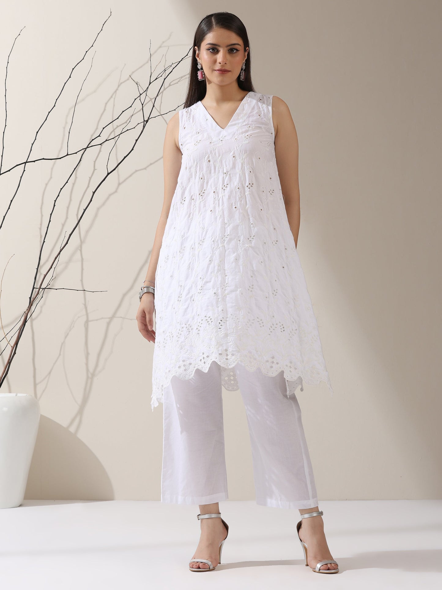 Dhiyona ST Women's White Cotton Kurta with All-Over Creeper Schiffli & Pants | 2 Pc Set, Embroidered Ethnic Co-ord, Breezy Summer Wear