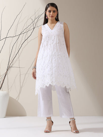 Dhiyona ST Women's White Cotton Kurta with All-Over Creeper Schiffli & Pants | 2 Pc Set, Embroidered Ethnic Co-ord, Breezy Summer Wear