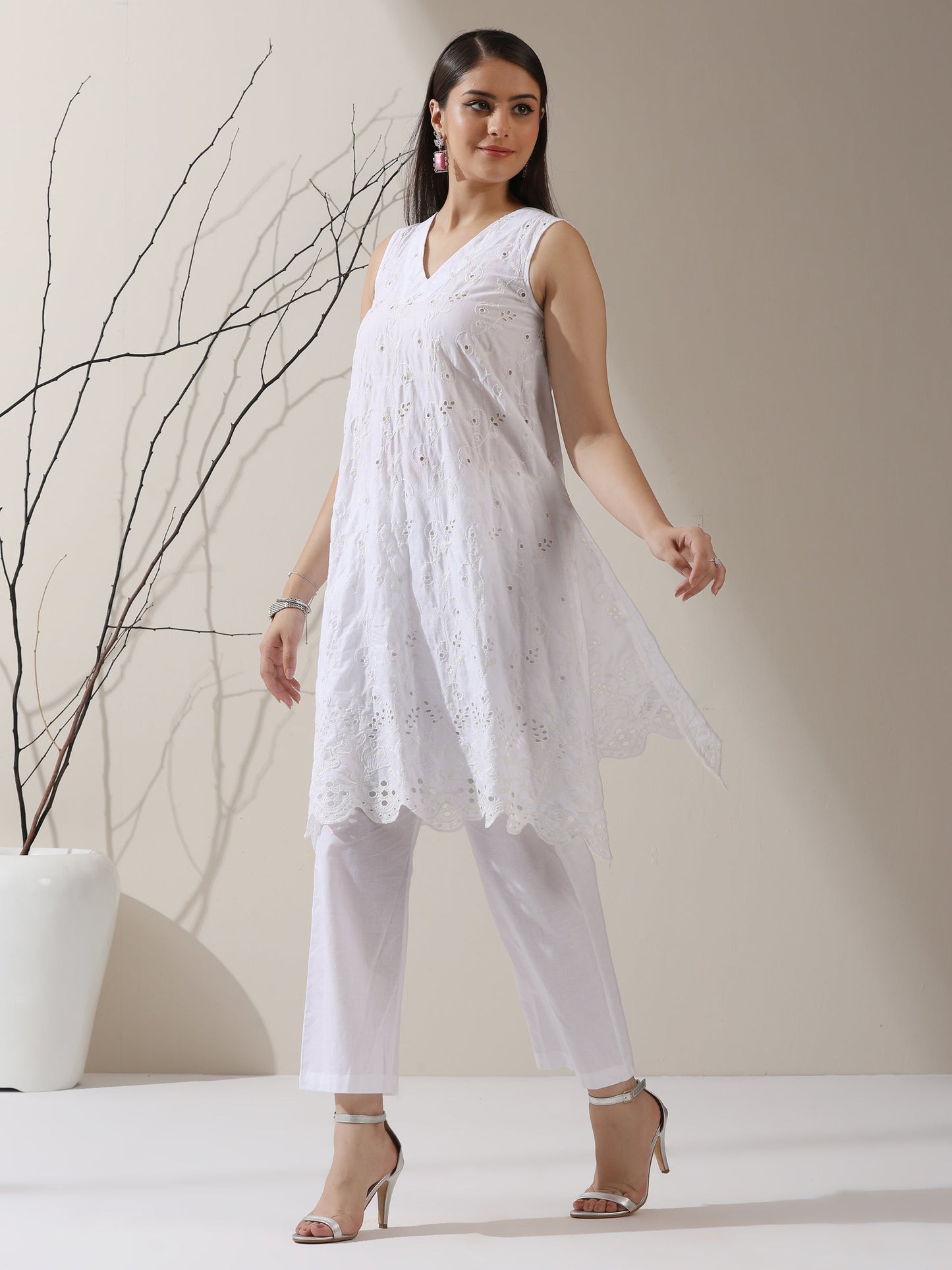 Dhiyona ST Women's White Cotton Kurta with All-Over Creeper Schiffli & Pants | 2 Pc Set, Embroidered Ethnic Co-ord, Breezy Summer Wear