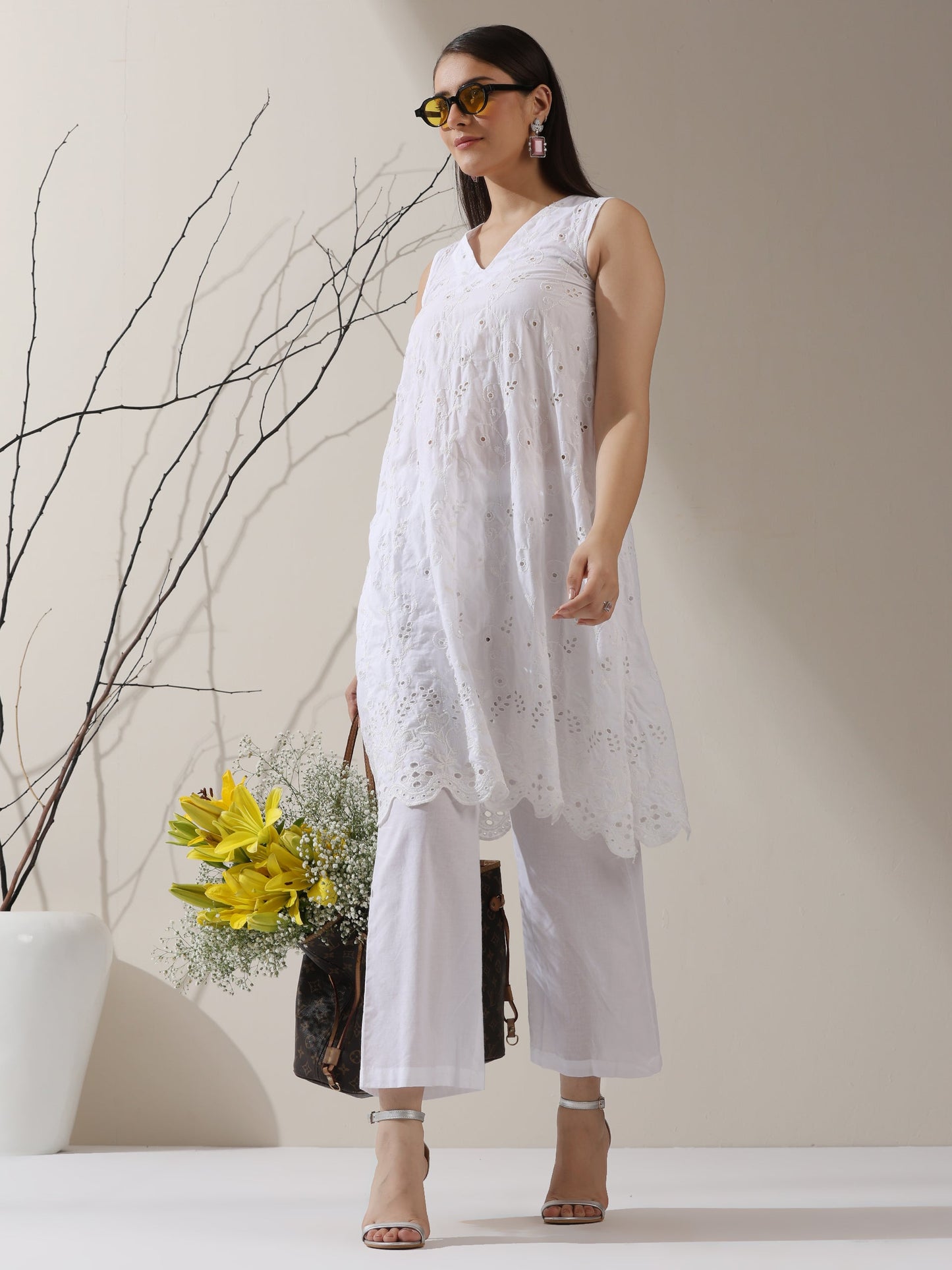 Dhiyona ST Women's White Cotton Kurta with All-Over Creeper Schiffli & Pants | 2 Pc Set, Embroidered Ethnic Co-ord, Breezy Summer Wear