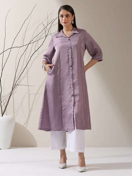 Dhiyona ST Women's Lilac Prf't Lux Paneled Collar Kurta with Freshwater Pearls & Pants | 2 Pc Set, Luxe Ethnic Co-ord, Elegant Festive Wear