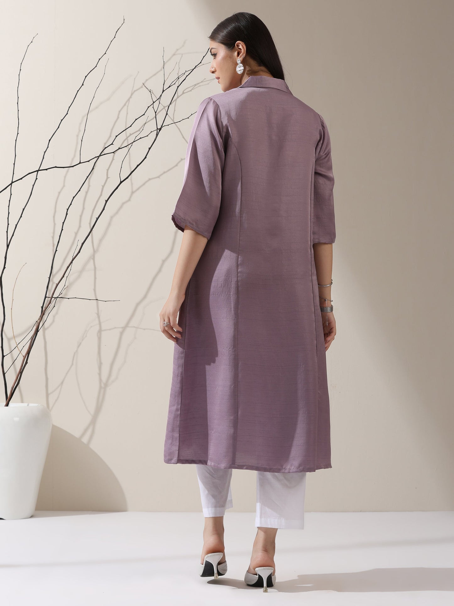Dhiyona ST Women's Lilac Prf't Lux Paneled Collar Kurta with Freshwater Pearls & Pants | 2 Pc Set, Luxe Ethnic Co-ord, Elegant Festive Wear