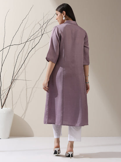 Dhiyona ST Women's Lilac Prf't Lux Paneled Collar Kurta with Freshwater Pearls & Pants | 2 Pc Set, Luxe Ethnic Co-ord, Elegant Festive Wear