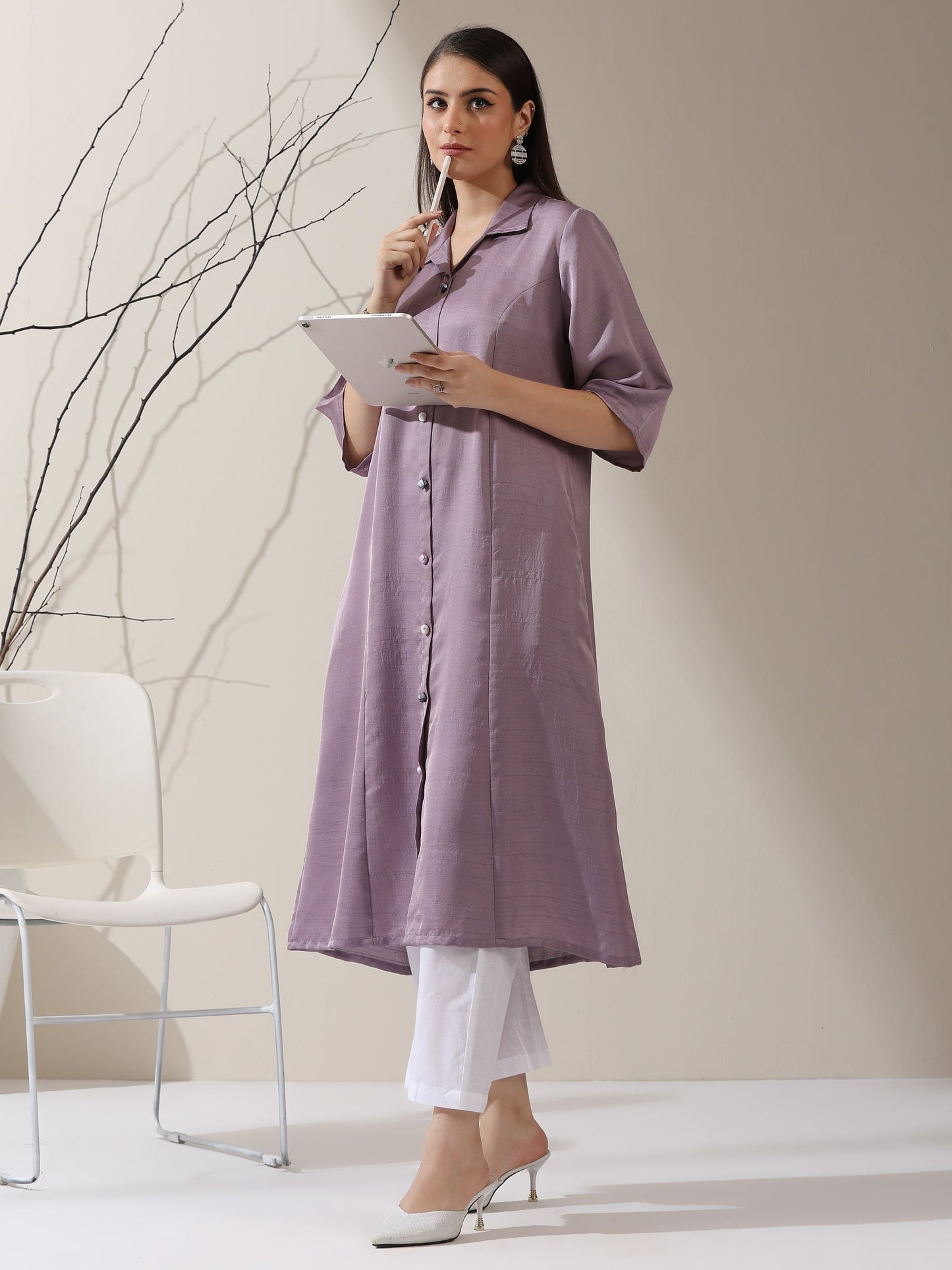 Dhiyona ST Women's Lilac Prf't Lux Paneled Collar Kurta with Freshwater Pearls & Pants | 2 Pc Set, Luxe Ethnic Co-ord, Elegant Festive Wear