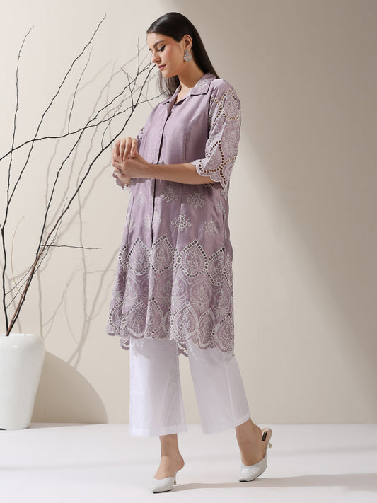 Dhiyona ST Women's Lilac Lux Beetal Schiffli Kurta with Pants | 2 Pc Set, All-Over Embroidery, Collar Panel, Soft Cotton Ethnic Co-ord