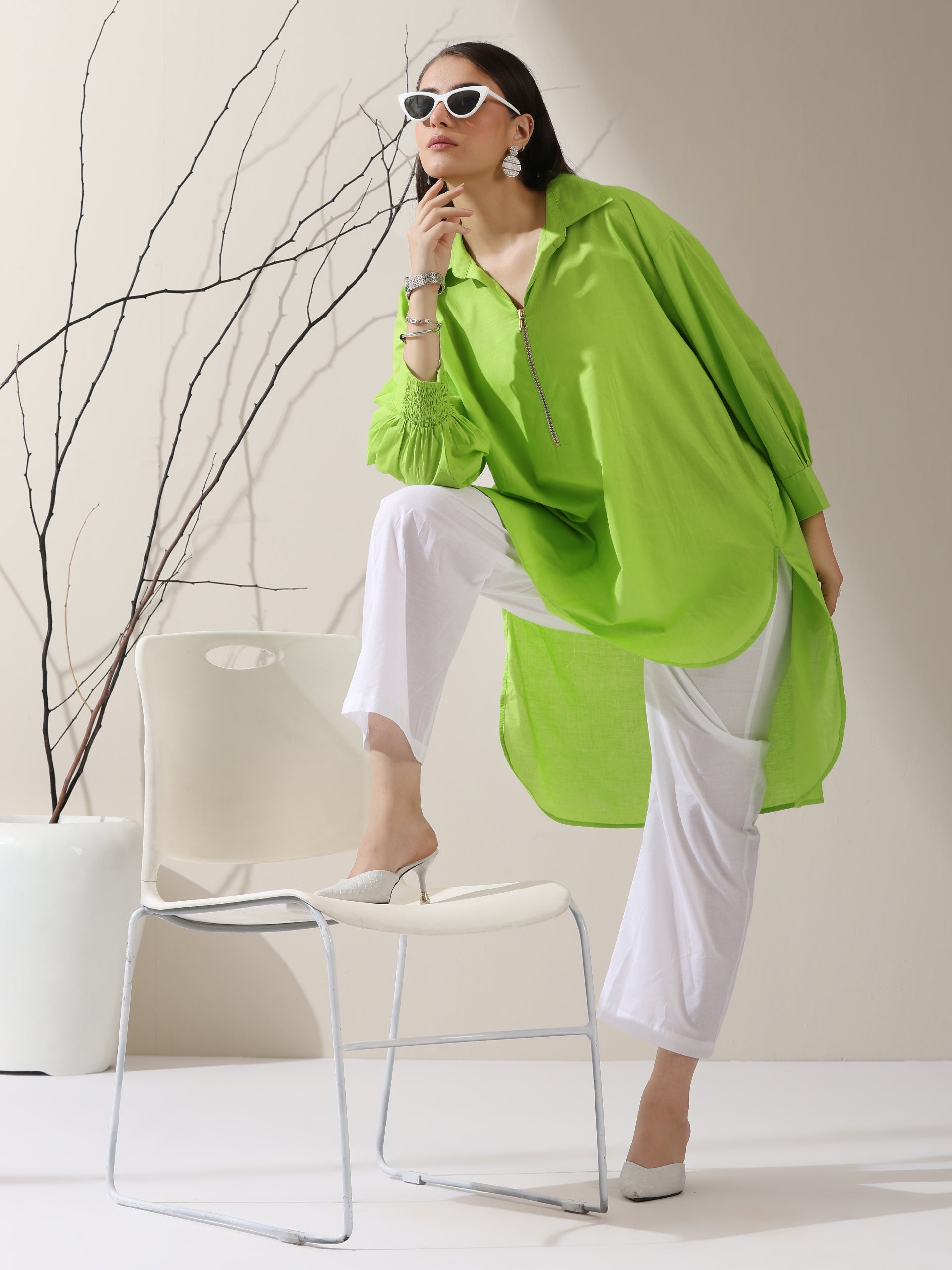 Dhiyona ST Women's Sinful Green Cotton Long Zip Shirt with Adjustable Sleeves & White Pants | 2 Pc Set, Breezy Ethnic Co-ord, Modern Everyday Wear