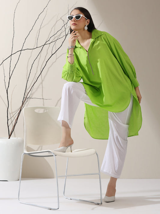 Dhiyona ST Women's Sinful Green Cotton Long Zip Shirt with Adjustable Sleeves & White Pants | 2 Pc Set, Breezy Ethnic Co-ord, Modern Everyday Wear