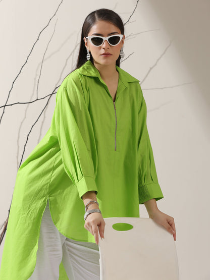Dhiyona ST Women's Sinful Green Cotton Long Zip Shirt with Adjustable Sleeves & White Pants | 2 Pc Set, Breezy Ethnic Co-ord, Modern Everyday Wear