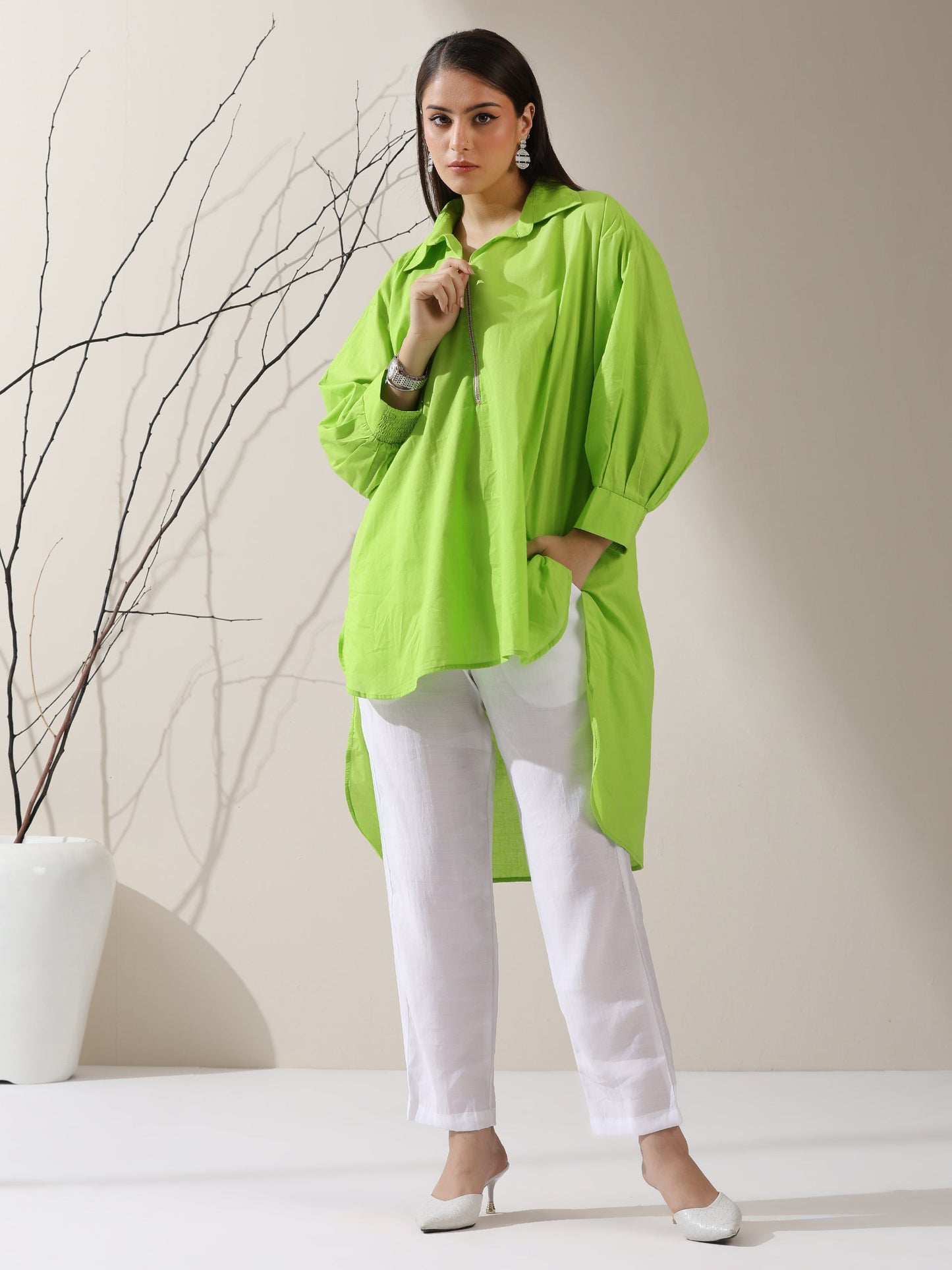 Dhiyona ST Women's Sinful Green Cotton Long Zip Shirt with Adjustable Sleeves & White Pants | 2 Pc Set, Breezy Ethnic Co-ord, Modern Everyday Wear