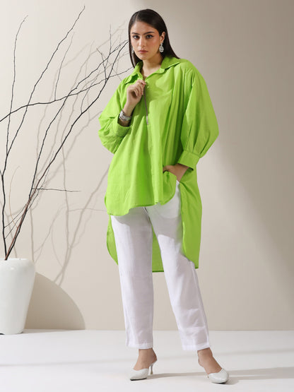 Dhiyona ST Women's Sinful Green Cotton Long Zip Shirt with Adjustable Sleeves & White Pants | 2 Pc Set, Breezy Ethnic Co-ord, Modern Everyday Wear