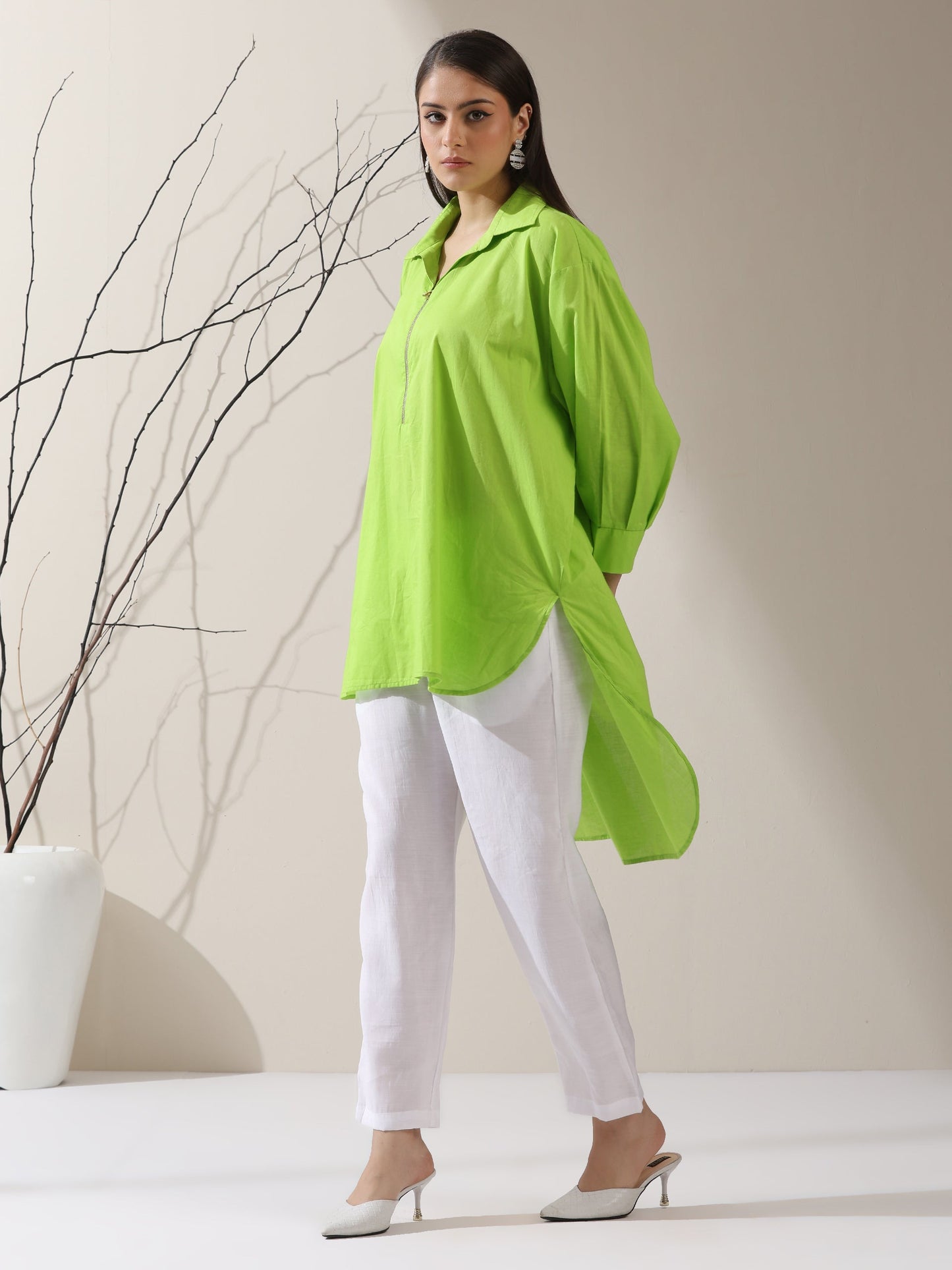 Dhiyona ST Women's Sinful Green Cotton Long Zip Shirt with Adjustable Sleeves & White Pants | 2 Pc Set, Breezy Ethnic Co-ord, Modern Everyday Wear