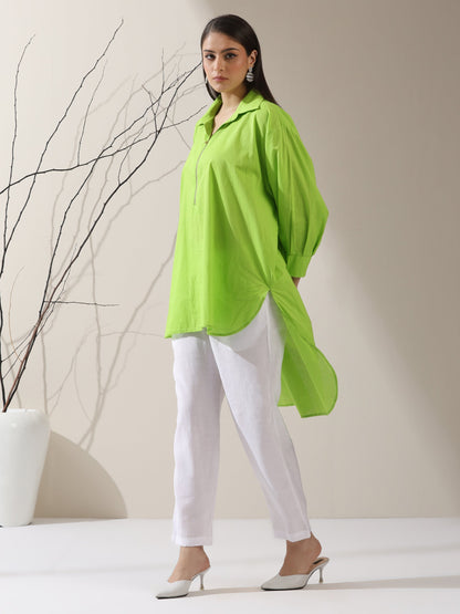 Dhiyona ST Women's Sinful Green Cotton Long Zip Shirt with Adjustable Sleeves & White Pants | 2 Pc Set, Breezy Ethnic Co-ord, Modern Everyday Wear
