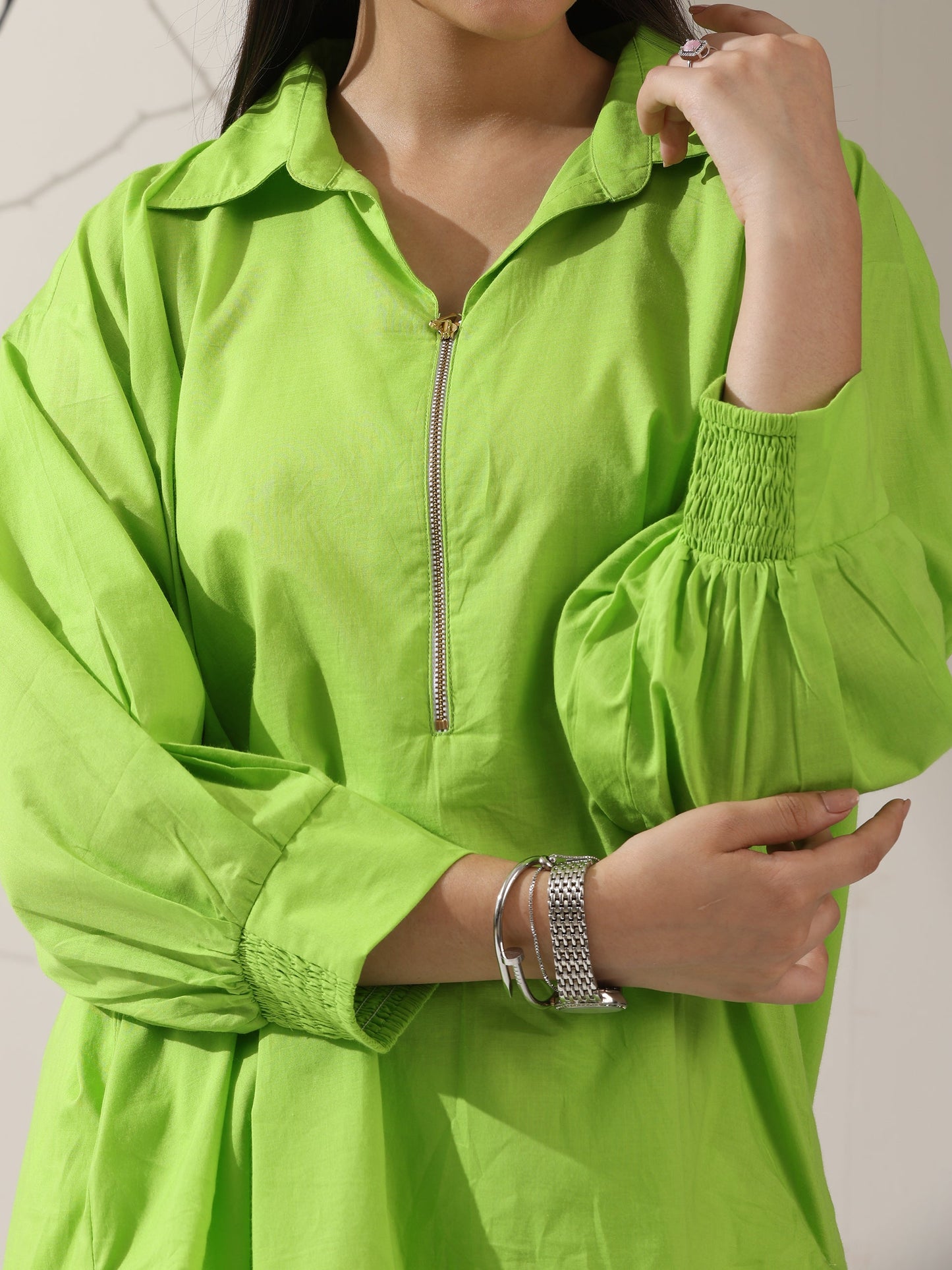 Dhiyona ST Women's Sinful Green Cotton Long Zip Shirt with Adjustable Sleeves & White Pants | 2 Pc Set, Breezy Ethnic Co-ord, Modern Everyday Wear