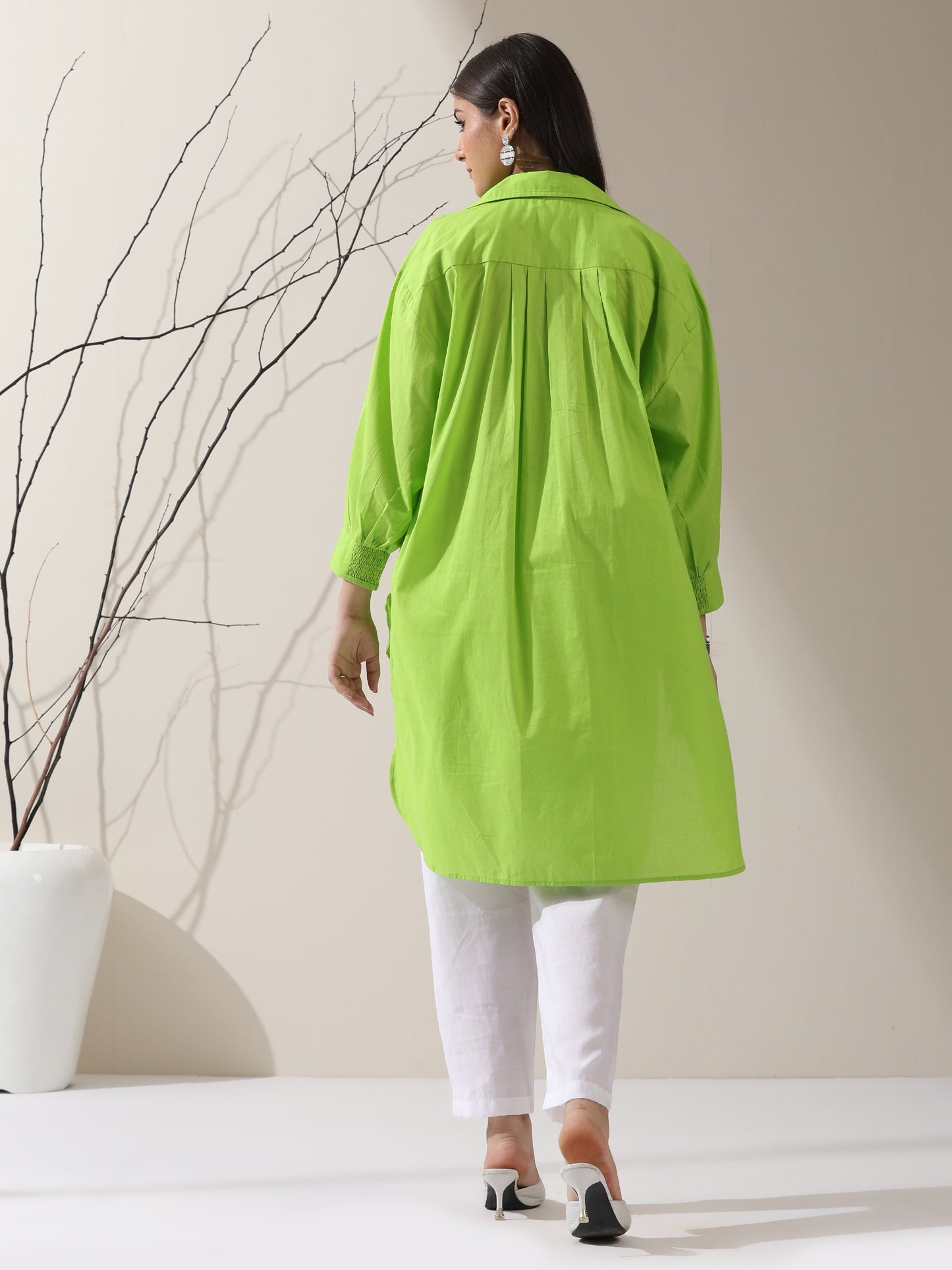 Dhiyona ST Women's Sinful Green Cotton Long Zip Shirt with Adjustable Sleeves & White Pants | 2 Pc Set, Breezy Ethnic Co-ord, Modern Everyday Wear