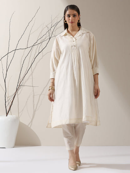 Dhiyona ST Women's Chanderi Cotton Kurta with Collar, Slip & Pants | 3 Pc Set, Sheer Elegance Co-ord, Lightweight Festive Wear