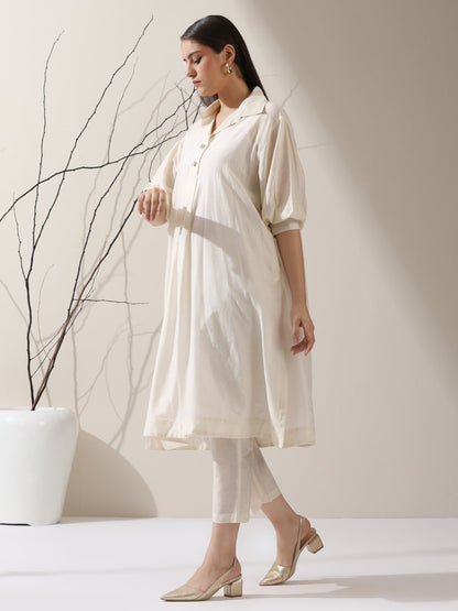 Dhiyona ST Women's Chanderi Cotton Kurta with Collar, Slip & Pants | 3 Pc Set, Sheer Elegance Co-ord, Lightweight Festive Wear