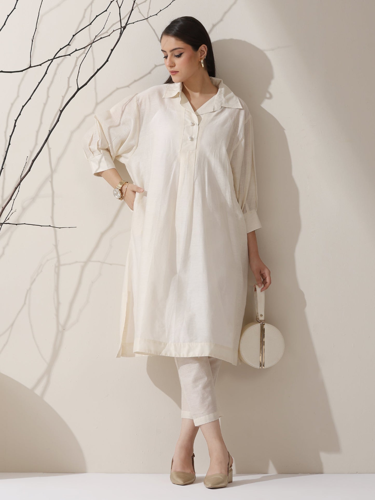 Dhiyona ST Women's Chanderi Cotton Kurta with Collar, Slip & Pants | 3 Pc Set, Sheer Elegance Co-ord, Lightweight Festive Wear