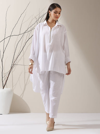 Dhiyona ST 2-Piece White AirSkin Long Shirt Set for Women – Zip-Front Design with Adjustable Sleeves & Matching Pants