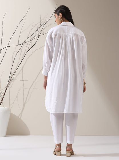 Dhiyona ST 2-Piece White AirSkin Long Shirt Set for Women – Zip-Front Design with Adjustable Sleeves & Matching Pants