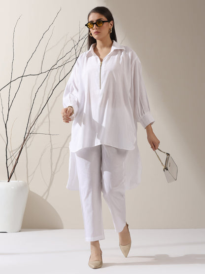 Dhiyona ST 2-Piece White AirSkin Long Shirt Set for Women – Zip-Front Design with Adjustable Sleeves & Matching Pants