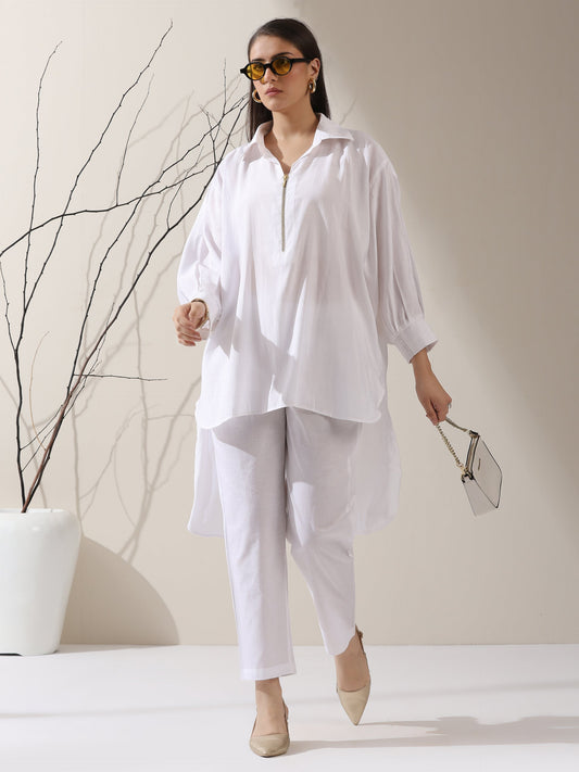 Dhiyona ST 2-Piece White AirSkin Long Shirt Set for Women – Zip-Front Design with Adjustable Sleeves & Matching Pants