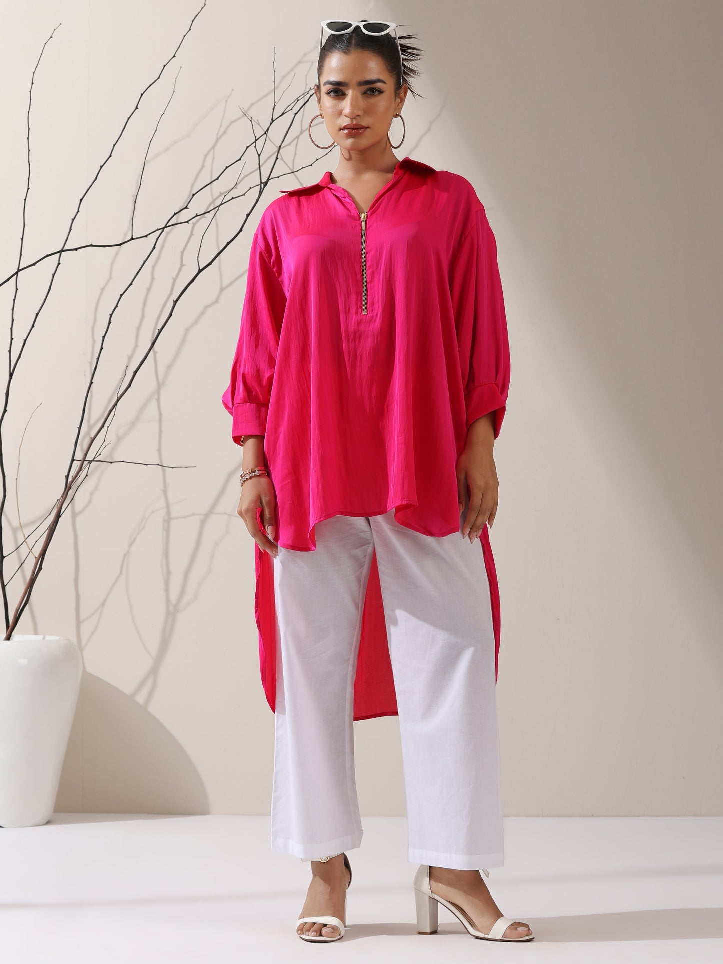 Dhiyona ST Women's Fuschia Satin Long Zip Shirt with Adjustable Sleeves & White Cotton Pants | 2 Pc Set, Bold Fusion Co-ord, Elegant Contemporary Wear