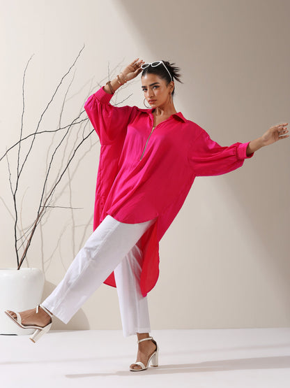 Dhiyona ST Women's Fuschia Satin Long Zip Shirt with Adjustable Sleeves & White Cotton Pants | 2 Pc Set, Bold Fusion Co-ord, Elegant Contemporary Wear