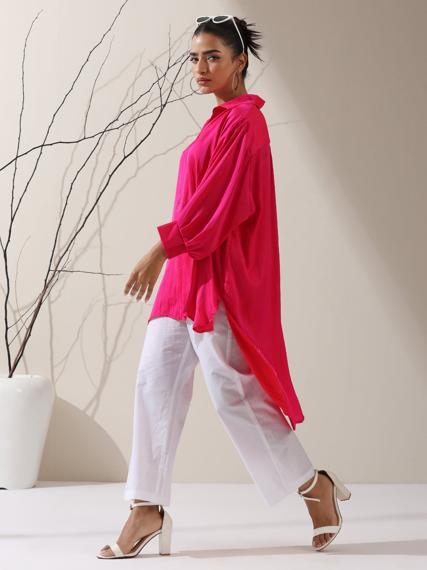 Dhiyona ST Women's Fuschia Satin Long Zip Shirt with Adjustable Sleeves & White Cotton Pants | 2 Pc Set, Bold Fusion Co-ord, Elegant Contemporary Wear