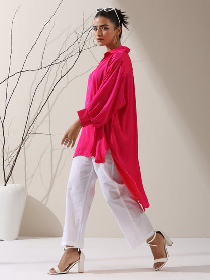 Dhiyona ST Women's Fuschia Satin Long Zip Shirt with Adjustable Sleeves & White Cotton Pants | 2 Pc Set, Bold Fusion Co-ord, Elegant Contemporary Wear