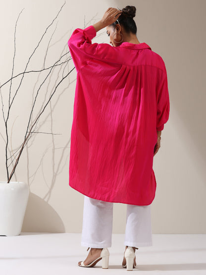 Dhiyona ST Women's Fuschia Satin Long Zip Shirt with Adjustable Sleeves & White Cotton Pants | 2 Pc Set, Bold Fusion Co-ord, Elegant Contemporary Wear