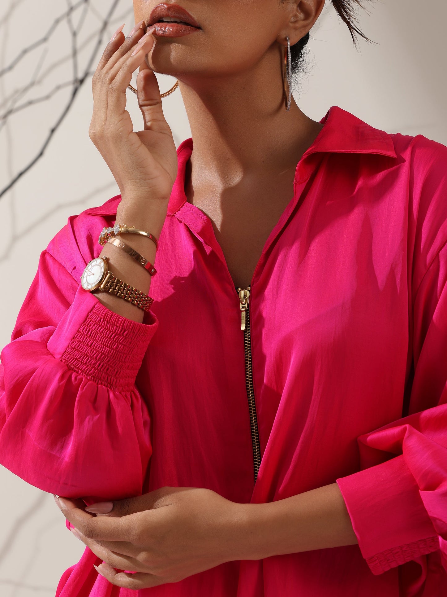 Dhiyona ST Women's Fuschia Satin Long Zip Shirt with Adjustable Sleeves & White Cotton Pants | 2 Pc Set, Bold Fusion Co-ord, Elegant Contemporary Wear