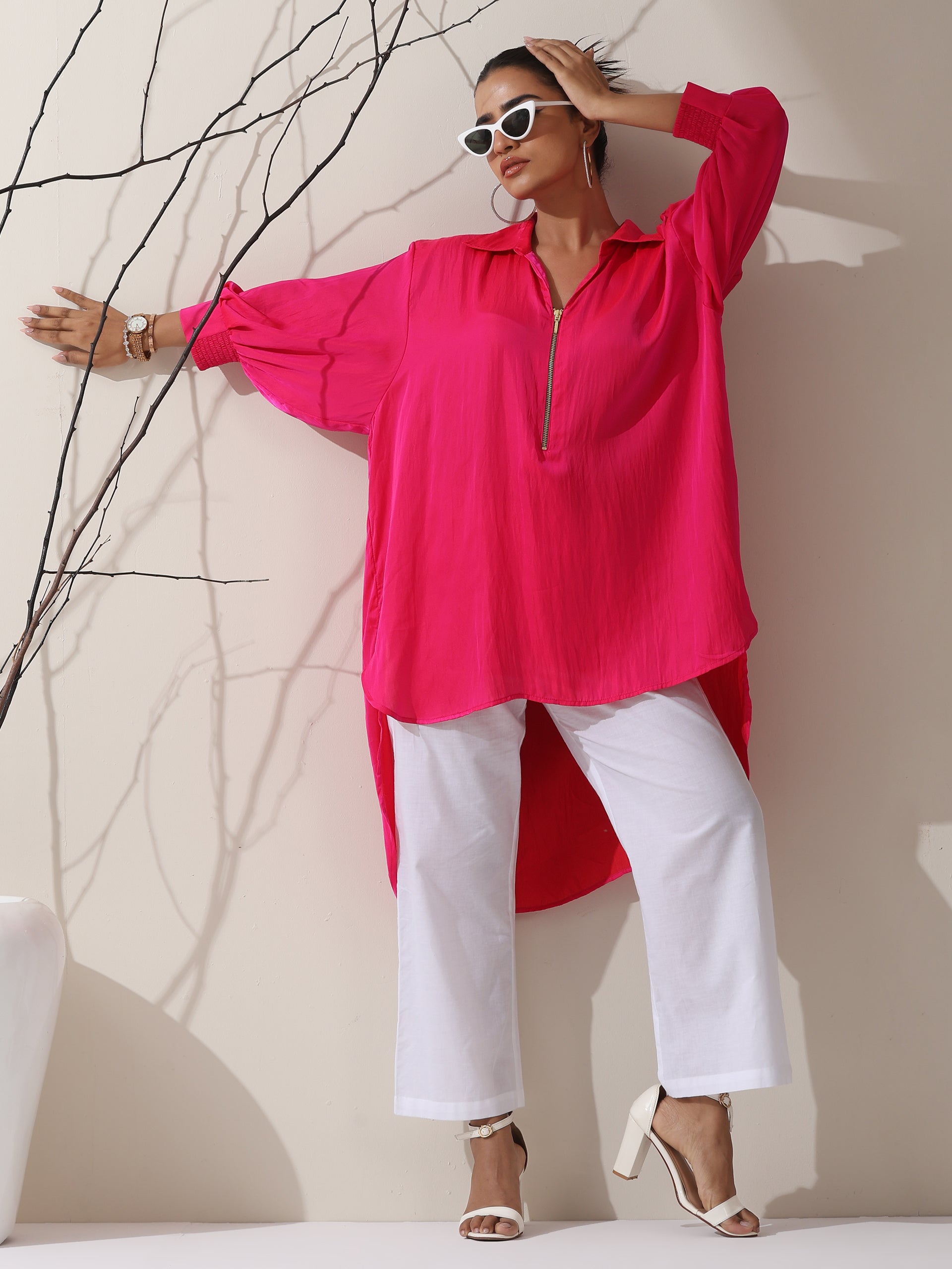 Dhiyona ST Women's Fuschia Satin Long Zip Shirt with Adjustable Sleeves & White Cotton Pants | 2 Pc Set, Bold Fusion Co-ord, Elegant Contemporary Wear