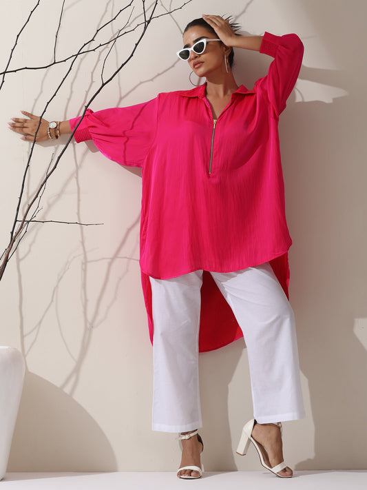 Dhiyona ST Women's Fuschia Satin Long Zip Shirt with Adjustable Sleeves & White Cotton Pants | 2 Pc Set, Bold Fusion Co-ord, Elegant Contemporary Wear