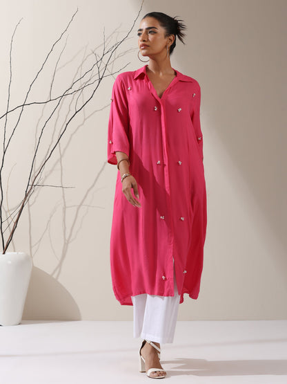 Dhiyona ST Women's Pink Viscose Paneled Kurta with Pearl-Embellished Collar & Pants | 2 Pc Set, Elegant Ethnic Co-ord, Soft Festive Wear