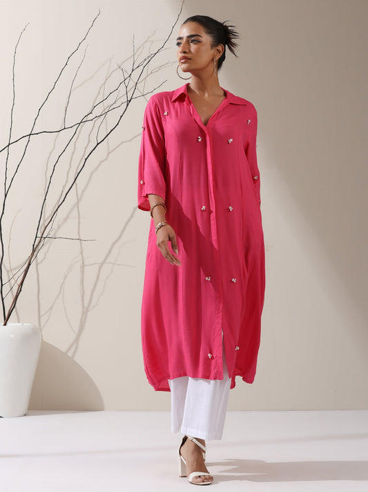 Dhiyona ST Women's Pink Viscose Paneled Kurta with Pearl-Embellished Collar & Pants | 2 Pc Set, Elegant Ethnic Co-ord, Soft Festive Wear