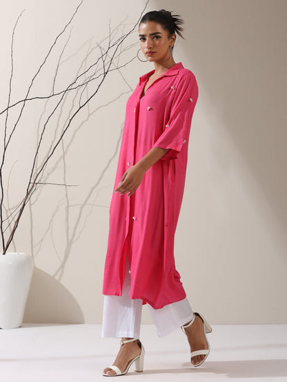 Dhiyona ST Women's Pink Viscose Paneled Kurta with Pearl-Embellished Collar & Pants | 2 Pc Set, Elegant Ethnic Co-ord, Soft Festive Wear