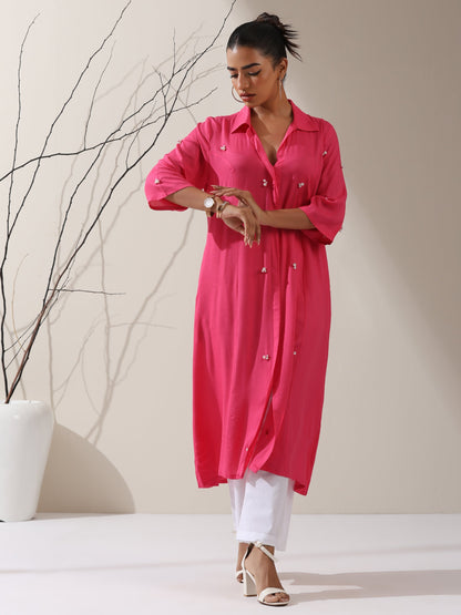 Dhiyona ST Women's Pink Viscose Paneled Kurta with Pearl-Embellished Collar & Pants | 2 Pc Set, Elegant Ethnic Co-ord, Soft Festive Wear