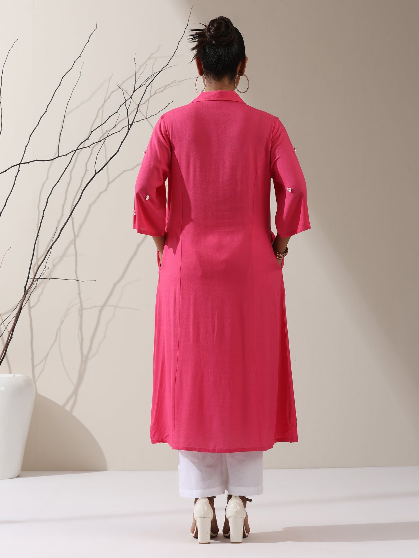 Dhiyona ST Women's Pink Viscose Paneled Kurta with Pearl-Embellished Collar & Pants | 2 Pc Set, Elegant Ethnic Co-ord, Soft Festive Wear