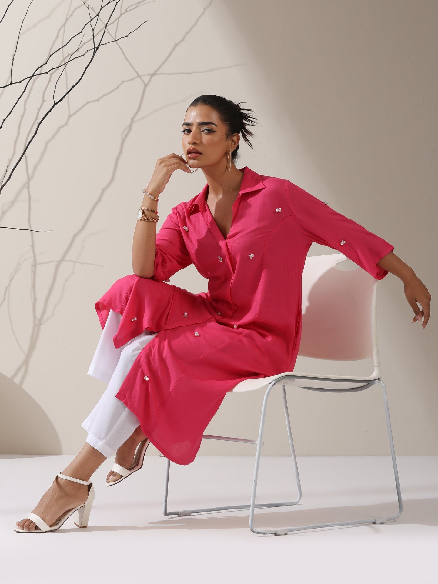 Dhiyona ST Women's Pink Viscose Paneled Kurta with Pearl-Embellished Collar & Pants | 2 Pc Set, Elegant Ethnic Co-ord, Soft Festive Wear
