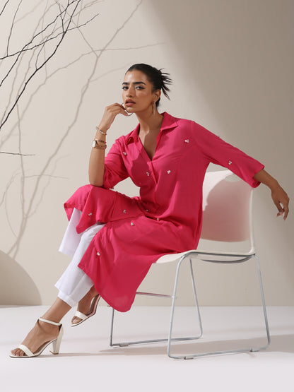 Dhiyona ST Women's Pink Viscose Paneled Kurta with Pearl-Embellished Collar & Pants | 2 Pc Set, Elegant Ethnic Co-ord, Soft Festive Wear