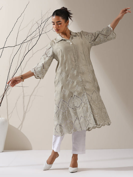 Dhiyona ST 2-Piece Sage Green Lux Schiffli Kurta Set for Women – Embroidered Panelled Collar Design with White Cotton Pants