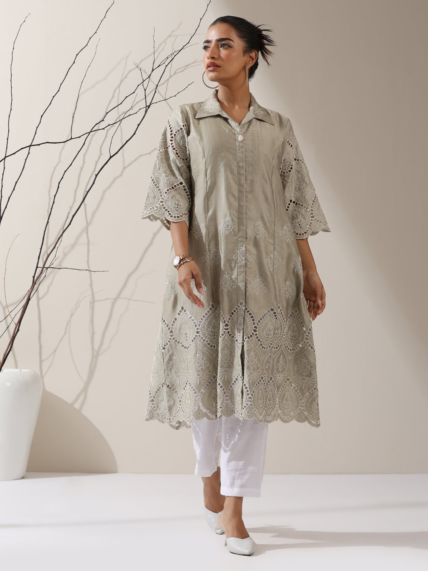 Dhiyona ST 2-Piece Sage Green Lux Schiffli Kurta Set for Women – Embroidered Panelled Collar Design with White Cotton Pants