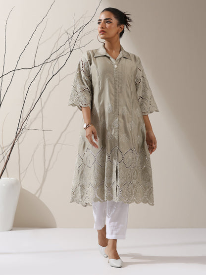 Dhiyona ST 2-Piece Sage Green Lux Schiffli Kurta Set for Women – Embroidered Panelled Collar Design with White Cotton Pants