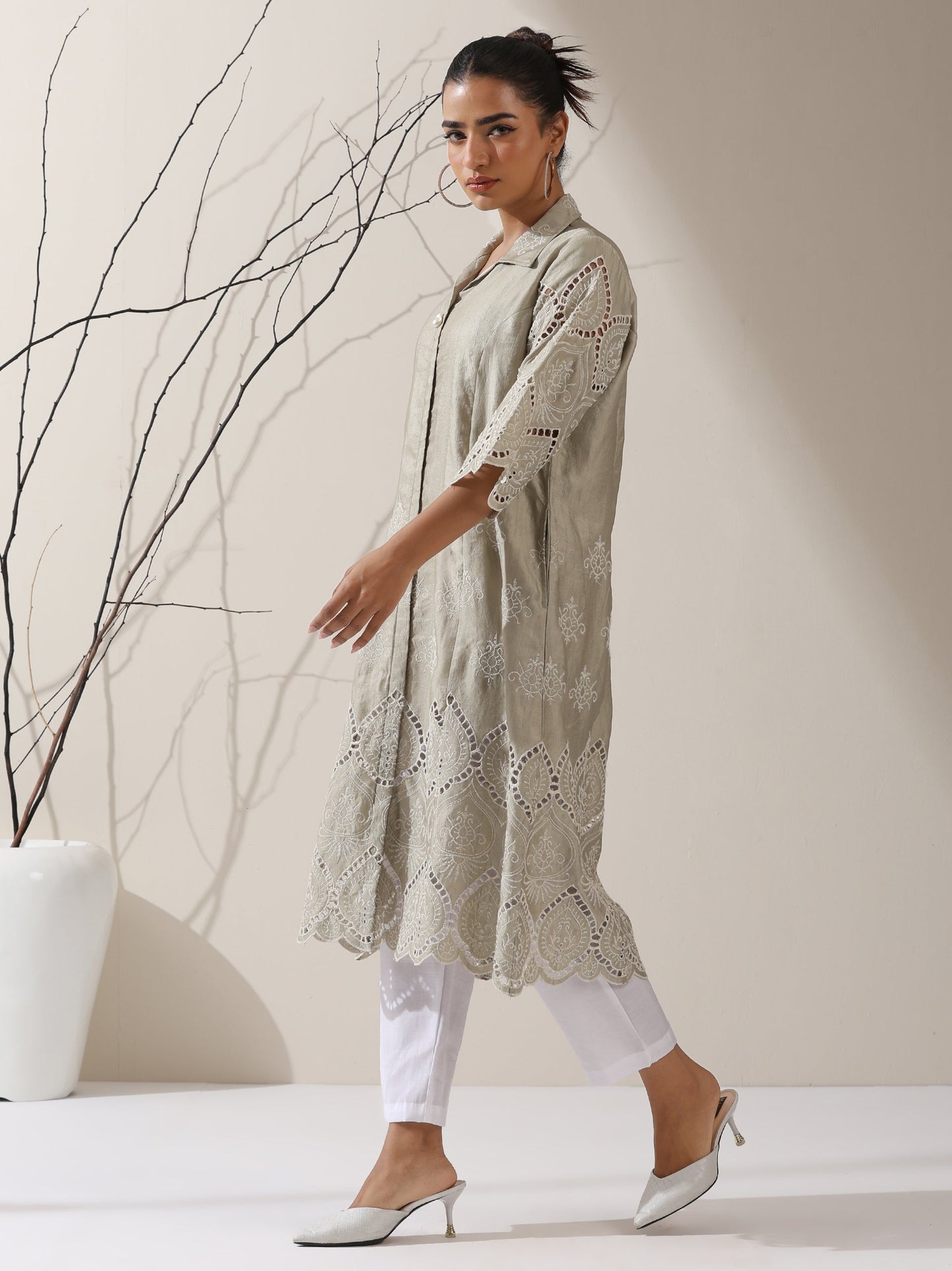 Dhiyona ST 2-Piece Sage Green Lux Schiffli Kurta Set for Women – Embroidered Panelled Collar Design with White Cotton Pants
