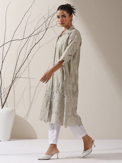 Dhiyona ST 2-Piece Sage Green Lux Schiffli Kurta Set for Women – Embroidered Panelled Collar Design with White Cotton Pants