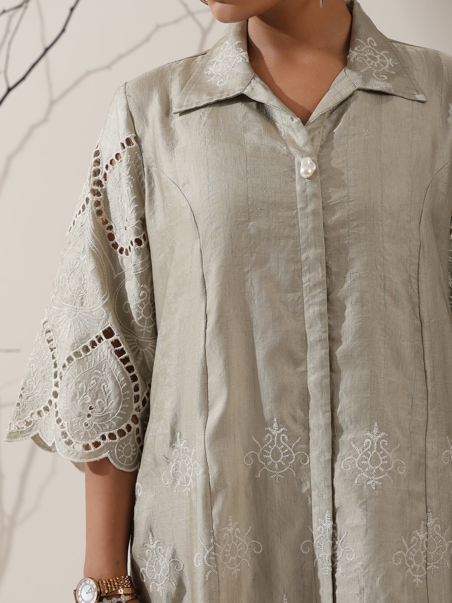 Dhiyona ST 2-Piece Sage Green Lux Schiffli Kurta Set for Women – Embroidered Panelled Collar Design with White Cotton Pants